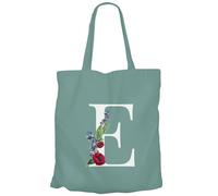 Fabulous Tote Bag Sac Shopping en Toile Turquoise - E Elise Emma Eva Lettre Alphabet Prénom Fleurs - 10 L