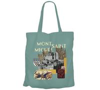 Fabulous Tote Bag Sac Shopping en Toile Turquoise - Mont Saint Michel Collage Normandie Village Tourisme - 10 L