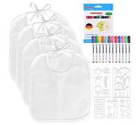 faburo 12PCS Bavoir pour Bébé Blanc à Peindre,12 Marqueurs Textile et 5 Pochoirs de Peinture, Bavoirs Imperméables Drool, Idéal pour Décorer et Peindre
