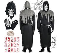 Faburo Costume d'Halloween pour homme, costume d'horreur squelette pour homme, avec masque facial, gants et 25 visage, costume de zombie adulte, unisexe pour Halloween, carnaval