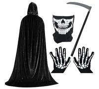 faburo Costume Faucheuse Adulte, Déguisement Halloween avec Cape Noire à Capuchon, Faux et Gants Squelette - Costume Halloween pour Soirées, Fêtes et Maisons Hantées (L)