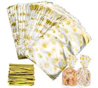 Faburo Lot de 120 sachets à biscuits de Noël, 23 x 14 cm, à fond plat, avec 120 serre-câbles dorés, en cellophane, pour biscuits, bonbons, sachets à pâtisserie