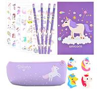 Faburo Papeterie de Licorne, Lot de 16 pièces de Papeterie Licorne, Ensemble de Crayons en Forme de Licorne Trousse Stylo pour Matériel Scolaire Filles Present, aubergine, Ensemble d'école