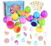 Faburo Œufs de Pâques 12PCS Oeuf Tampon Encreur Enfant Œufs de Pâques à Chasse avec 5 Autocollants de Pâques, Multicolore Cachet Thème Pâques pour Enfants Pâques Ornements de fête et Créatifs
