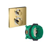 Facade thermostatique encastré Ecostat Square avec robinet d'arrêt et inverseur aspect doré poli + corps encastré