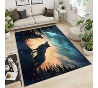 FACADUP Coyote Tapis à poils courts 90 x 150 cm Motif campagne rurale, ciel nocturne, animaux sauvages, loup, lavable en machine avec envers antidérapant pour studio et décoration d'intérieur