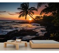 FACADUP Papier peint mural au coucher du soleil sur la côte, paysage de plage crépuscule, cocotiers, jungle pour salon, chambre à coucher, 232 x 158 cm, autocollants muraux de fond (non autocollants)