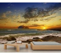 FACADUP Peintures murales avec vue sur la côte, coucher de soleil et nuages, papier peint de mer sauvage naturel pour salon, chambre à coucher, 450 x 300 cm, autocollants muraux de fond (non