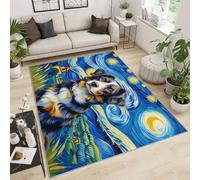 FACADUP Tapis à poils courts pour chien Motif ciel étoilé 90 x 150 cm Peinture à l'huile Bleu paysage de campagne Tapis lavable en machine avec envers antidérapant pour studio et décoration