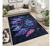 FACADUP Tapis attrape-rêves galaxie - 160 x 200 cm - Motif plumes et ciel étoilé - Tapis doux à poils courts pour chambre à coucher, salon, couloir, balcon