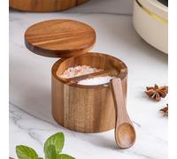 FACAIIO Salière et épices en bois d'acacia avec couvercle magnétique, récipient de rangement de cuisine avec fente pour cuillère intégrée, 7 x 9 cm