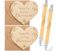 Faccito 6Pcs Cadeau Parrain Marraine Demande Veux-Tu Être Ma Marraine Veux Tu Être Mon Parrain Carte de Coeur avec Enveloppe Stylo à Bille en Bois pour Baptême, Confirmation, Annonce de Grossesse