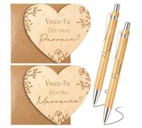 Faccito Cadeau Parrain Marraine 6Pcs Carte de Coeur Stylo à Bille en Bois | Pour Baptême, Confirmation, Annonce de Grossesse, Veux-Tu Être Ma Marraine, Veux Tu Être Mon Parrain, Enveloppe