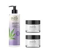 Face & Body-Set de India Cosmetics Germany, avec de d'extrait de chanvre de qualité supérieure. Best-seller 2 x crème pour le visage et 1 x lotion pour le corps