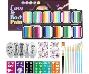 Face Painting Kit 12 Split Cake Palettes Face Painting Kit Faces Makeup Kits with Stencils Blushing Rainbow Stickers Non-Toxic Body Painting for Kids Halloween Car