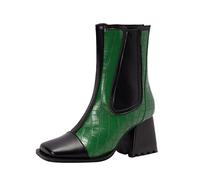 Face Square Toe Bottes à talon compensé pour femme Bottines élégantes à tige haute pour femme Bottines classiques confortables à talon bloc Bottes en caoutchouc, vert, 41 EU