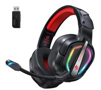 Fachixy FC200 Casque de jeu sans fil Bluetooth 2,4 G avec microphone pour PS5, PS4, PC, pliable, faible latence, réduction du bruit, avec lumière LED, autonomie de la batterie 50H, rouge
