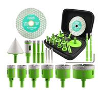 FACHLICH Scie Cloche Carrelage Kit - 17 Pièces Foret Diamant Carrelage Kit(6/8/10/25/28/32/35/45/65mm+20mm Fraise+50mm Foret Chanfreineuse+Adaptateur+Disque Diamant),avec Trépans Tige Triangulaire