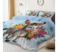 Facile d’Entretien Housse de Couette 220 x 240 cm- 100% Microfibre Douce et Respirante avec Mignon Âne Flocons De Neige Fleurs Motif Parure de Lit pour Fille Enfants Décoration Chambre, Bleu Clair