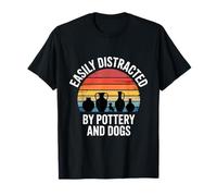 Facilement distrait par la poterie et Les Chiens en Argile rétro Coucher de Soleil T-Shirt