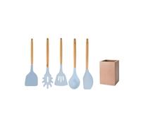 Fackelmann 30178 Set de 5 ustensiles de cuisine, Lot de cuillères et spatules de cuisine et leur support en bois, Silicone, Bois FSC, 32cm