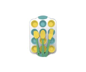 Fackelmann 44897 Set pour mini cupcakes 16 pièces enfants avec spatule, cuillère, pinceau, moule 12 empreintes et 12 caissettes, Silicone, Acier au carbone, Bleu, Vert, Jaune, Gris, De 5 cm à 30 cm