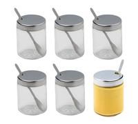 Fackelmann 4665250 Lot de 6 moutardiers avec cuillères, moutardier, Pot à Moutarde, Acier Inoxydable, Verre, 6 x 4,5 cm, Transparent, INOX