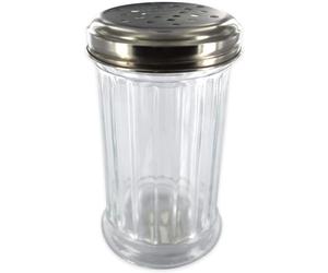 Fackelmann 46883 Saupoudreuse à sucre glace ou parmesan, saupoudreuse, saupoudreuse pour risotto parmesan, Verre, Acier inoxydable, 13,5 x 7,5 x 7,5 cm