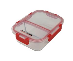 Fackelmann 47394 Boite de conservation en verre à 2 compartiments 1050mL, Lunchbox en verre et couvercle hermétique à clips, Verre, Plastique, Rouge, 21x16cm