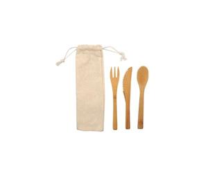 Fackelmann 56774 Set couverts à emporter, lot couvert de table, cuillère en bois, couverts de camping, bambou, réutilisable, écoresponsable, bambou, coton, 22 x 7 cm