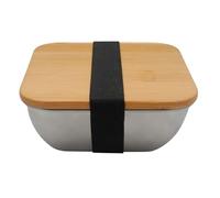 Fackelmann 684081 Lunchbox pour micro-ondes en inox 600ml, Boite repas pour le midi, Acier inoxydable, Couvercle en bambou, 13x13cm