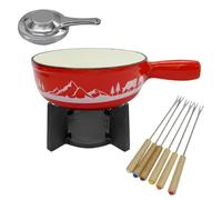 Fackelmann 686949 Service à fondue savoyarde pour 4 personnes, fondue bourguignonne, 1 caelon, 1 poêle, 1 brûleur 6 fourchettes, fonte émaillée, acier inoxydable, bois, rouge, diamètre 21 cm, 1,8 l