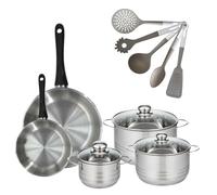 Fackelmann 9219250 Lot 2 Poêles Inox 20/28 cm Geneva & 3 Faitouts Inox 16/20/24 cm Sans PFAS avec 5 Ustensiles Fackelmann