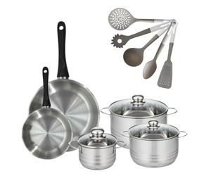 Fackelmann 9219250 Lot 2 Poêles Inox 20/28 cm Geneva & 3 Faitouts Inox 16/20/24 cm Sans PFAS avec 5 Ustensiles Fackelmann