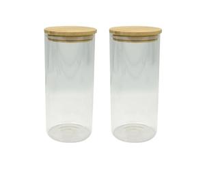 Fackelmann 9342850 Lot de 2 Boîtes de conservation alimentaire en verre, 2 litres, couvercle hermétique en bambou, boîte de rangement vrac, Verre, Bambou, 10 x 28 cm