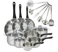 Fackelmann 9350150 3 poêles 20 24 28 cm 3 casseroles 12 16 20 cm inox 18/8, 3 faitouts inox 16 20 24 cm, 6 ustensiles, Poêle tous feux, Poêle induction, sans PFAS, Inox, Verre, 12 16 20 24 28 cm