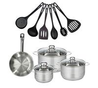 Fackelmann 9350650 Set 1 poêle 20 cm en acier inoxydable 18/8, 3 faitouts inox 16, 20 et 24 cm et 6 ustensiles RPET, batterie de cuisine tous feux, compatible induction, sans PFAS