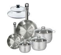 Fackelmann 9351750 Set 2 poêles 20 et 28 cm en acier inoxydable 18/8 et couvercles verre, 3 faitouts inox 16, 20 et 24 cm, batterie de cuisine tous feux, compatible induction, cuisson sans PFAS