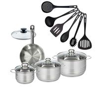 Fackelmann 9352450 Set 1 poêle 20 cm acier inoxydable 18/8, couvercle verre, 3 faitouts inox 16, 20 et 24 cm, 6 ustensiles RPET, batterie de cuisine tous feux, compatible induction, cuisson sans PFAS
