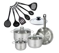 Fackelmann 9352550 Set 1 poêle 24 cm acier inoxydable 18/8, couvercle verre, 3 faitouts inox 16, 20 et 24 cm, 6 ustensiles RPET, batterie de cuisine tous feux, compatible induction, cuisson sans PFAS