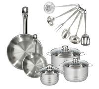 Fackelmann 9353250 Set 2 poêles 20 et 28 cm en acier inoxydable 18/8, 3 faitouts inox 16, 20 et 24 cm et 6 ustensiles métal, batterie de cuisine tous feux, compatible induction, cuisson sans PFAS