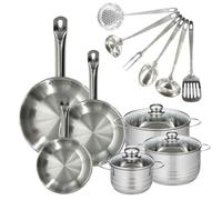 Fackelmann 9353450 Set 3 poêles 20, 24 et 28 cm en acier inoxydable 18/8, 3 faitouts inox 16, 20 et 24 cm et 6 ustensiles métal, batterie de cuisine tous feux, compatible induction, cuisson sans PFAS