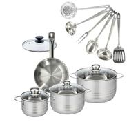 Fackelmann 9353550 Set 1 poêle 20 cm en acier inoxydable 18/8 et couvercle verre, 3 faitouts inox 16, 20 et 24 cm, 6 ustensiles métal, batterie de cuisine tous feux, induction, cuisson sans PFAS