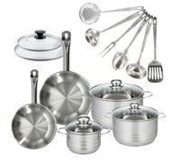 Fackelmann 9353850 Set 2 poêles 20 et 24 cm en acier inoxydable 18/8 et couvercles, 3 faitouts inox 16, 20 et 24 cm et 6 ustensiles métal, batterie de cuisine tous feux, induction, cuisson sans PFAS