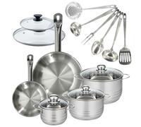 Fackelmann 9353950 Set 2 poêles 20 et 28 cm en acier inoxydable 18/8 et couvercles, 3 faitouts inox 16, 20 et 24 cm et 6 ustensiles métal, batterie de cuisine tous feux, induction, cuisson sans PFAS