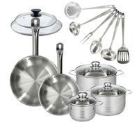 Fackelmann 9354050 Set 2 poêles 24 et 28 cm en acier inoxydable 18/8 et couvercles, 3 faitouts inox 16, 20 et 24 cm et 6 ustensiles métal, batterie de cuisine tous feux, induction, cuisson sans PFAS