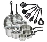Fackelmann 9358050 2 poêles 20 28 cm 3 casseroles 12 16 20 cm inox 18/8, 3 faitouts inox 16 20 24 cm, 6 ustensiles, Poêle tous feux, Poêle induction, sans PFAS, Inox, Verre, RPET, 12 16 20 24 28 cm