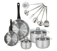 Fackelmann 9358450 2 poêles 20 et 28 cm en acier inox 18/8, 3 faitouts inox 16 20 24 cm, 6 ustensiles, Poêle tous feux, Poêle induction, sans PFAS, Inox, Verre, 16 20 28 cm