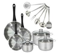 Fackelmann 9358650 3 poêles 20 24 28 cm en acier inox 18/8, 3 faitouts inox 16 20 24 cm, 6 ustensiles, Poêle tous feux, Poêle induction, sans PFAS, Inox, Verre, 16 20 24 28 cm