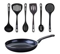 Fackelmann 9429050 Set antiadhésive céramique 30 cm sans PFAS et 6 ustensiles de cuisine, poêle de cuisson, sans PFAS, tous feux, poêle induction, Aluminium, RPET, Noir, Vert, 30 cm